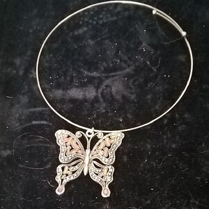 Silver Butterfly Pendant Necklace with Pink Accents